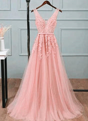 Pink Tulle A-line Simple Long Party Dress Outfits For Girls, A-line Prom Dresses For Black girls Evening Dress