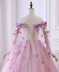 Pink Tulle Ball Gown Flowers Long Sweet 16 Dress Outfits For Girls, Pink Tulle Formal Dress