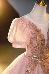 Pink Tulle Beaded Long Ball Gown, A-Line Prom Dress Outfits For Girls, Pink Sweet 16 Dress