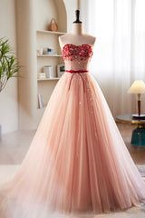 Pink Tulle Beaded Long Prom Dress Outfits For Girls, A-Line Off Shoulder Evening Party Dress