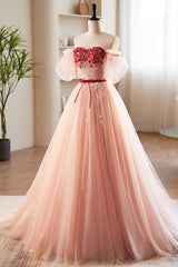 Pink Tulle Beaded Long Prom Dress Outfits For Girls, A-Line Off Shoulder Evening Party Dress