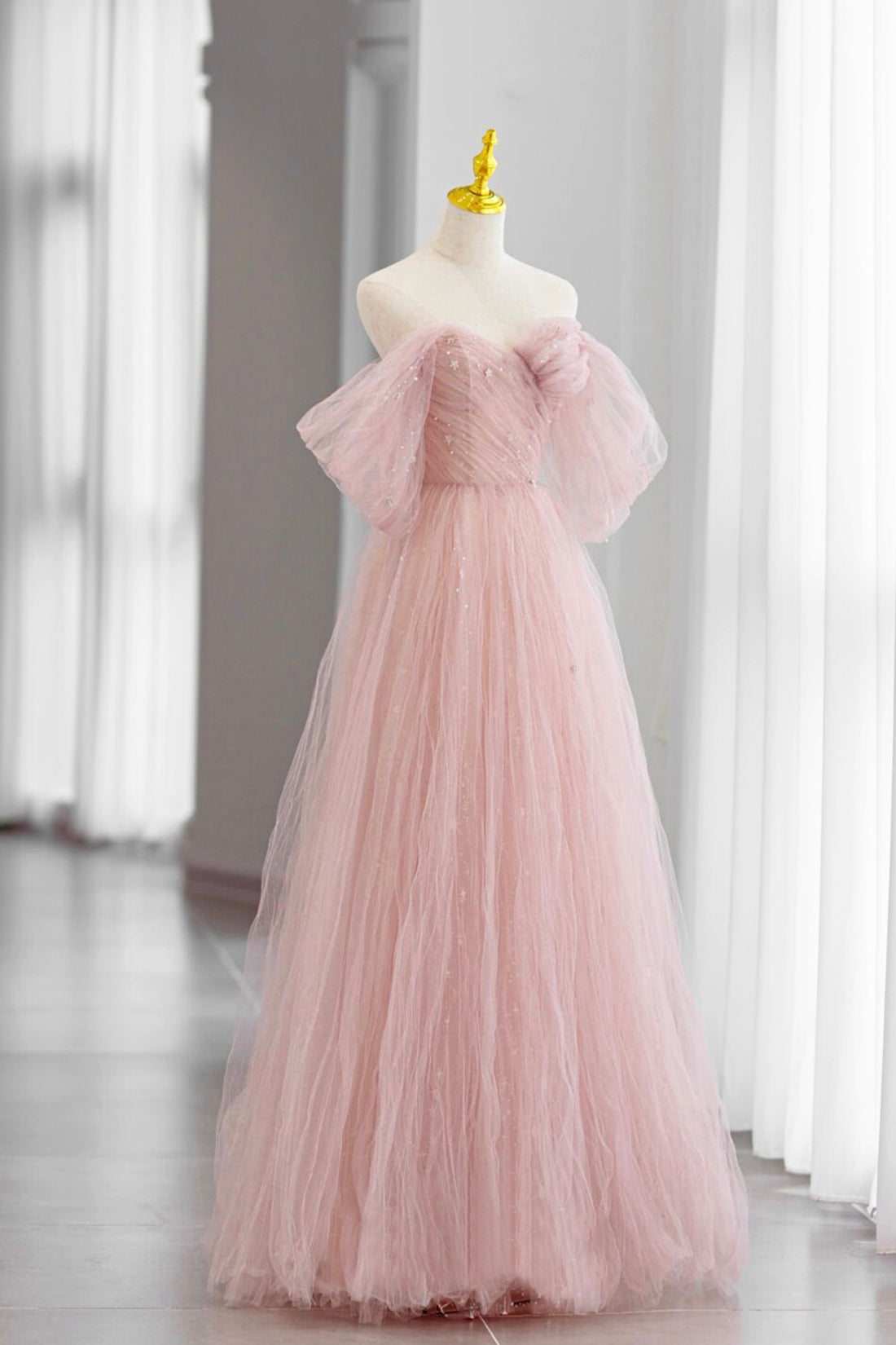 Pink Tulle Floor Length Prom Dress Outfits For Girls, Cute A-Line Evening Party Dress