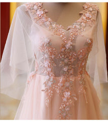 Pink Tulle Floral Applique Prom Dresses For Black girls For Women, Puff Sleeves Long Formal Dress