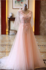 Pink Tulle Floral Applique Prom Dresses For Black girls For Women, Puff Sleeves Long Formal Dress