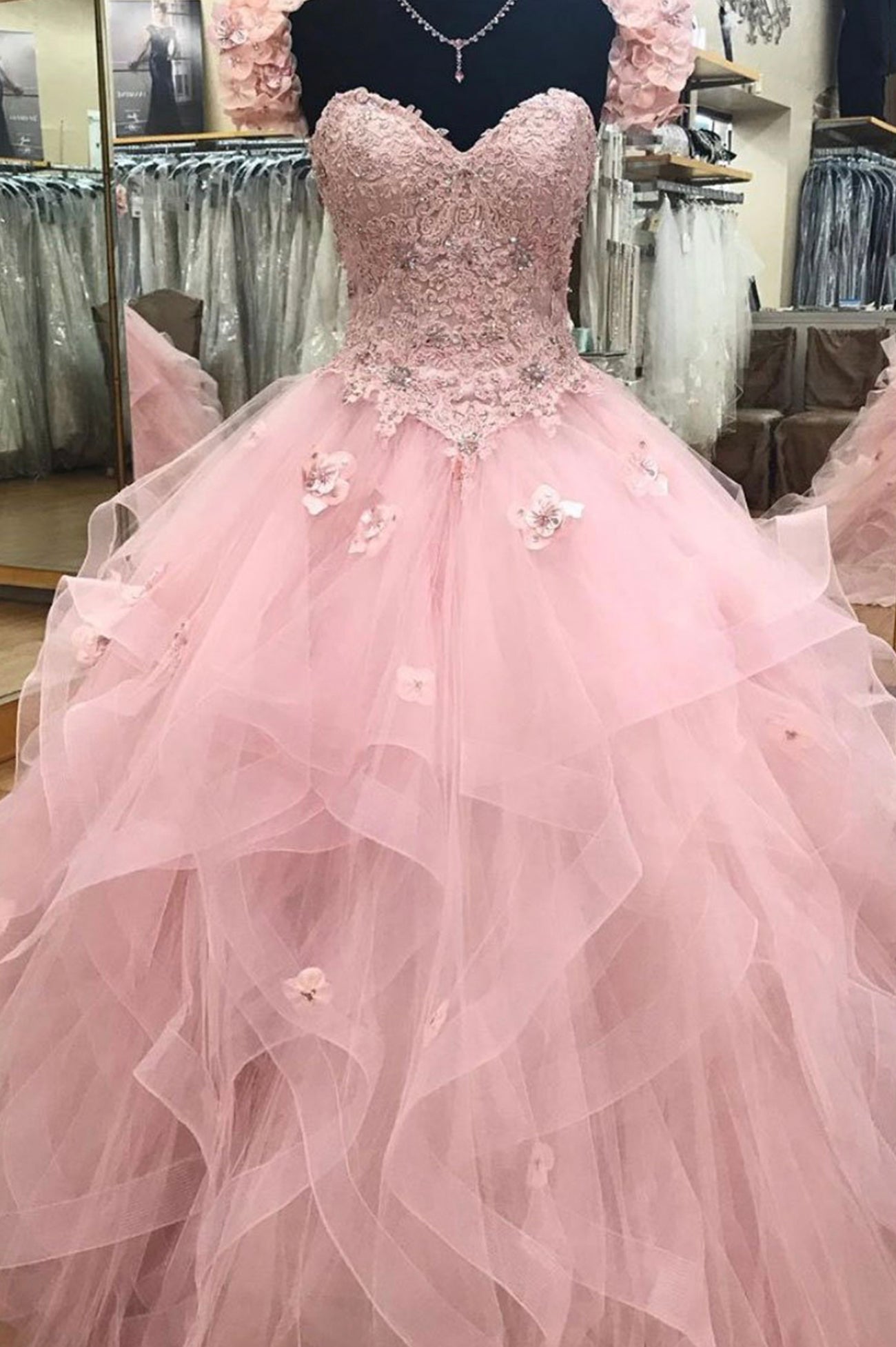 Pink Tulle Lace Long Ball Gown, A-Line Strapless Evening Dress Outfits For Women Sweet 16 Dress