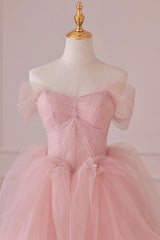 Pink Tulle Lace Long Formal Dress Outfits For Girls, A-Line Off Shoulder Pink Prom Dress