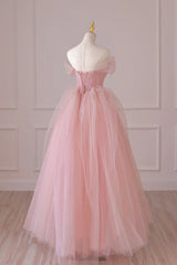 Pink Tulle Lace Long Formal Dress Outfits For Girls, A-Line Off Shoulder Pink Prom Dress