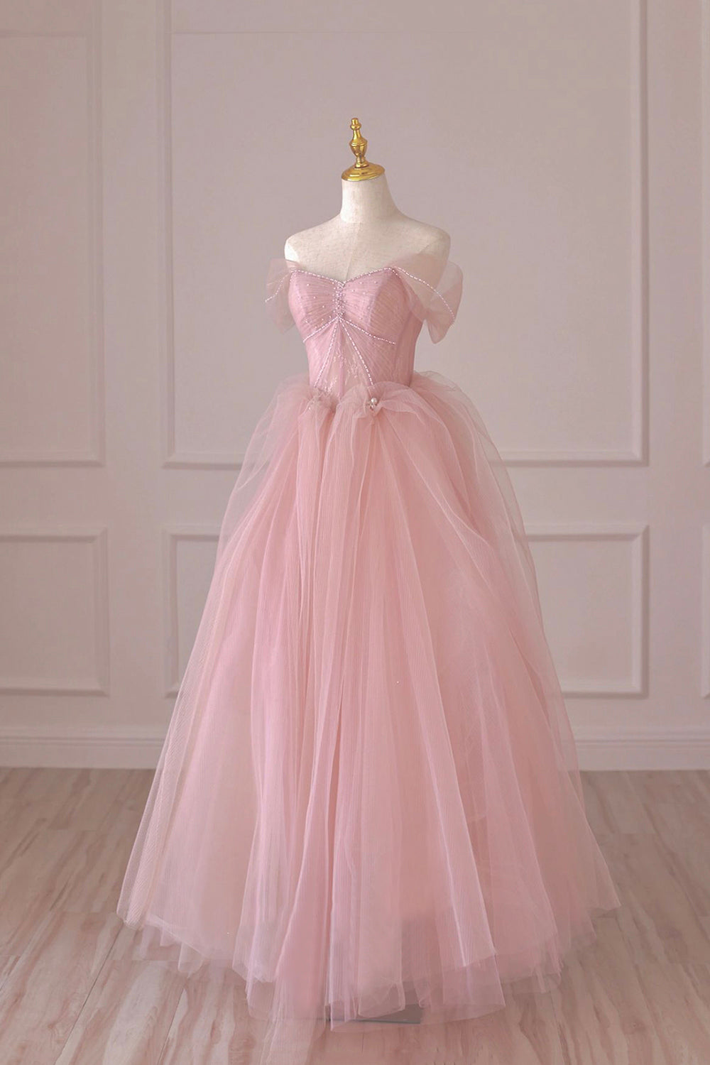 Pink Tulle Lace Long Formal Dress Outfits For Girls, A-Line Off Shoulder Pink Prom Dress