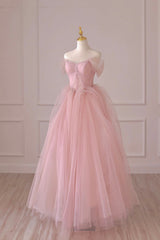 Pink Tulle Lace Long Formal Dress Outfits For Girls, A-Line Off Shoulder Pink Prom Dress