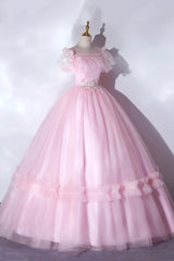 Pink Tulle Lace Long Prom Dress Outfits For Girls, Lovely A-Line Short Sleeve Evening Dress