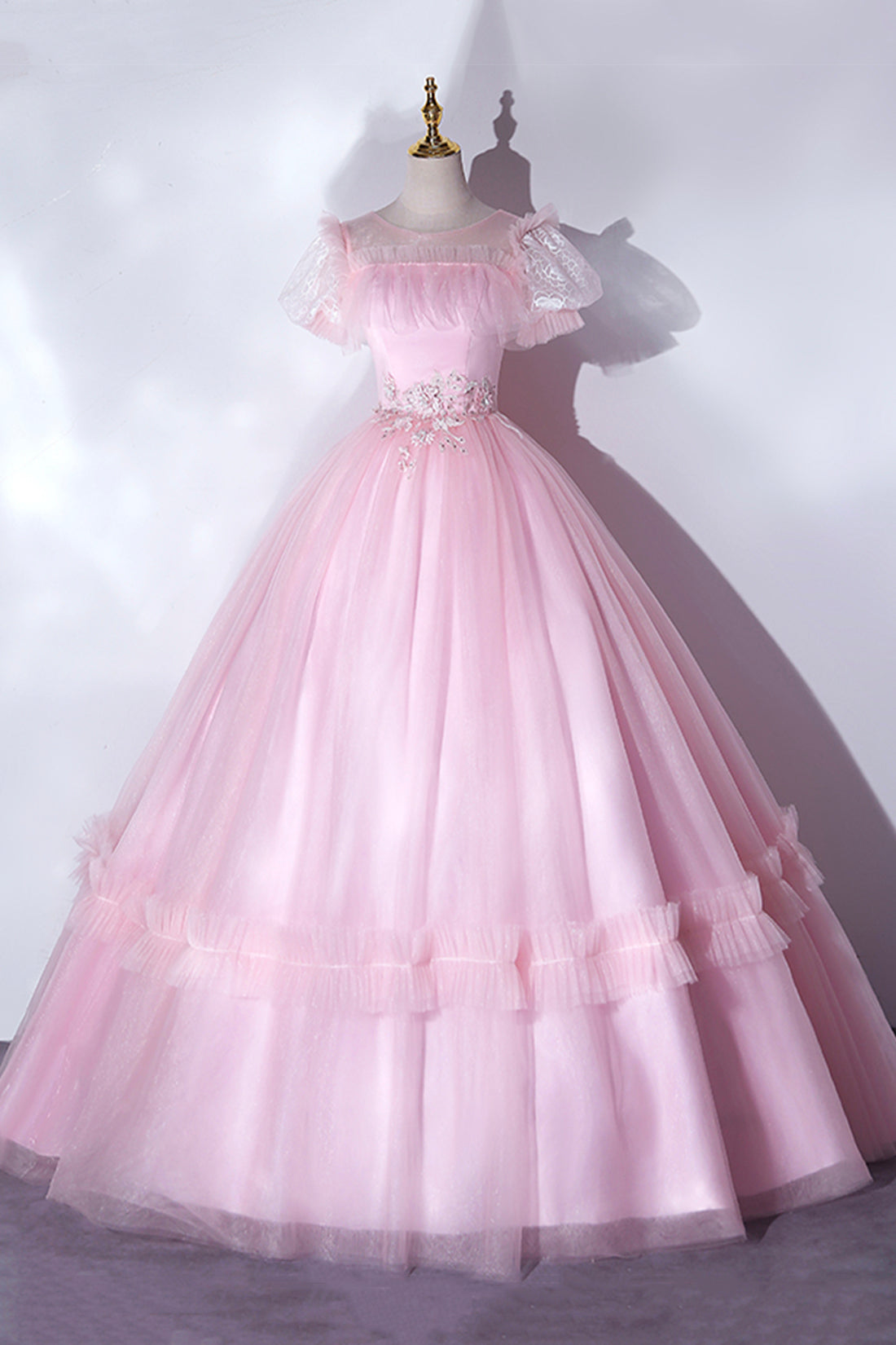 Pink Tulle Lace Long Prom Dress Outfits For Girls, Lovely A-Line Short Sleeve Evening Dress