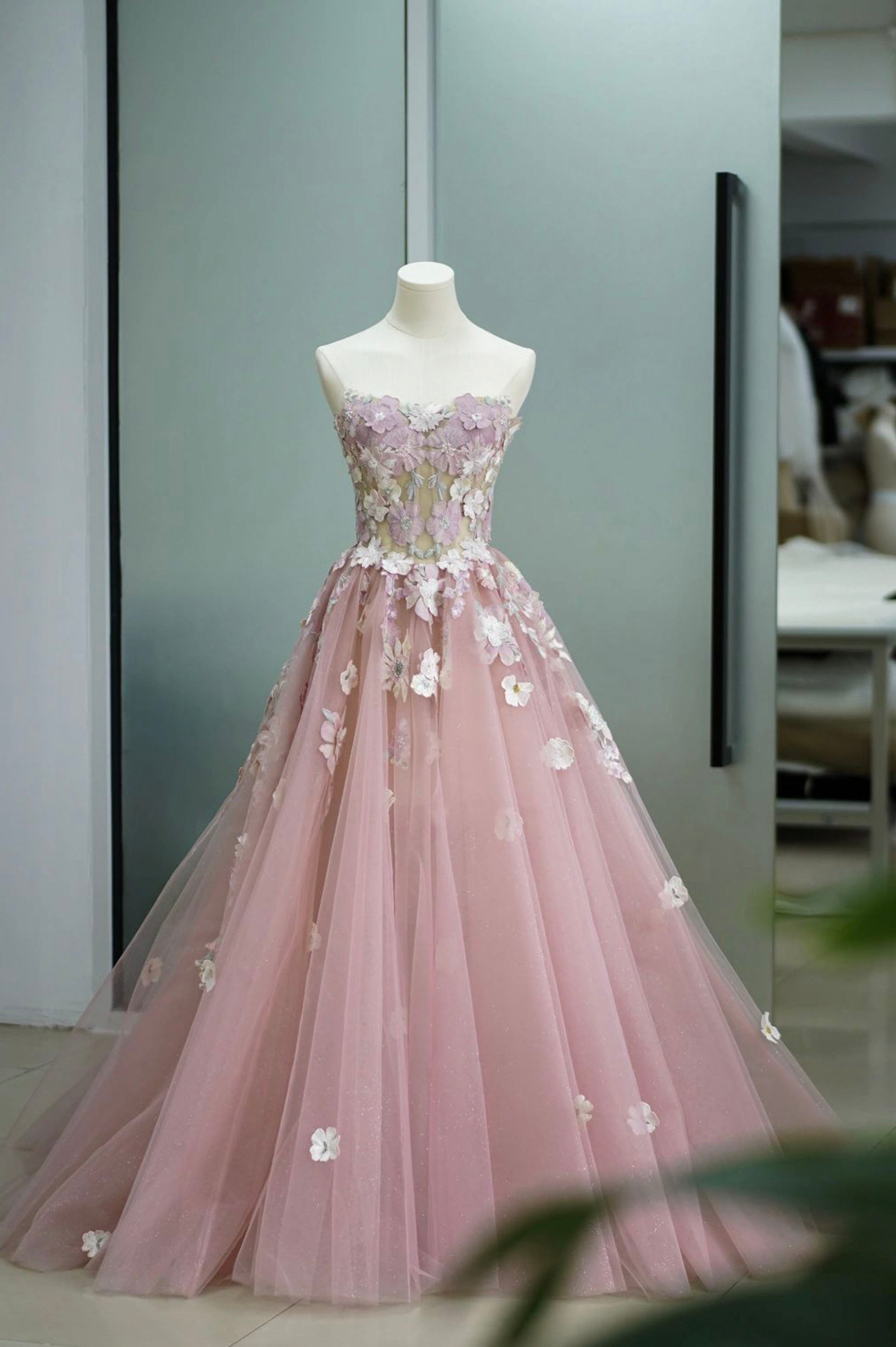 Pink Tulle Lace Long Prom Dress Outfits For Girls, Strapless A-Line Evening Graduation Dress
