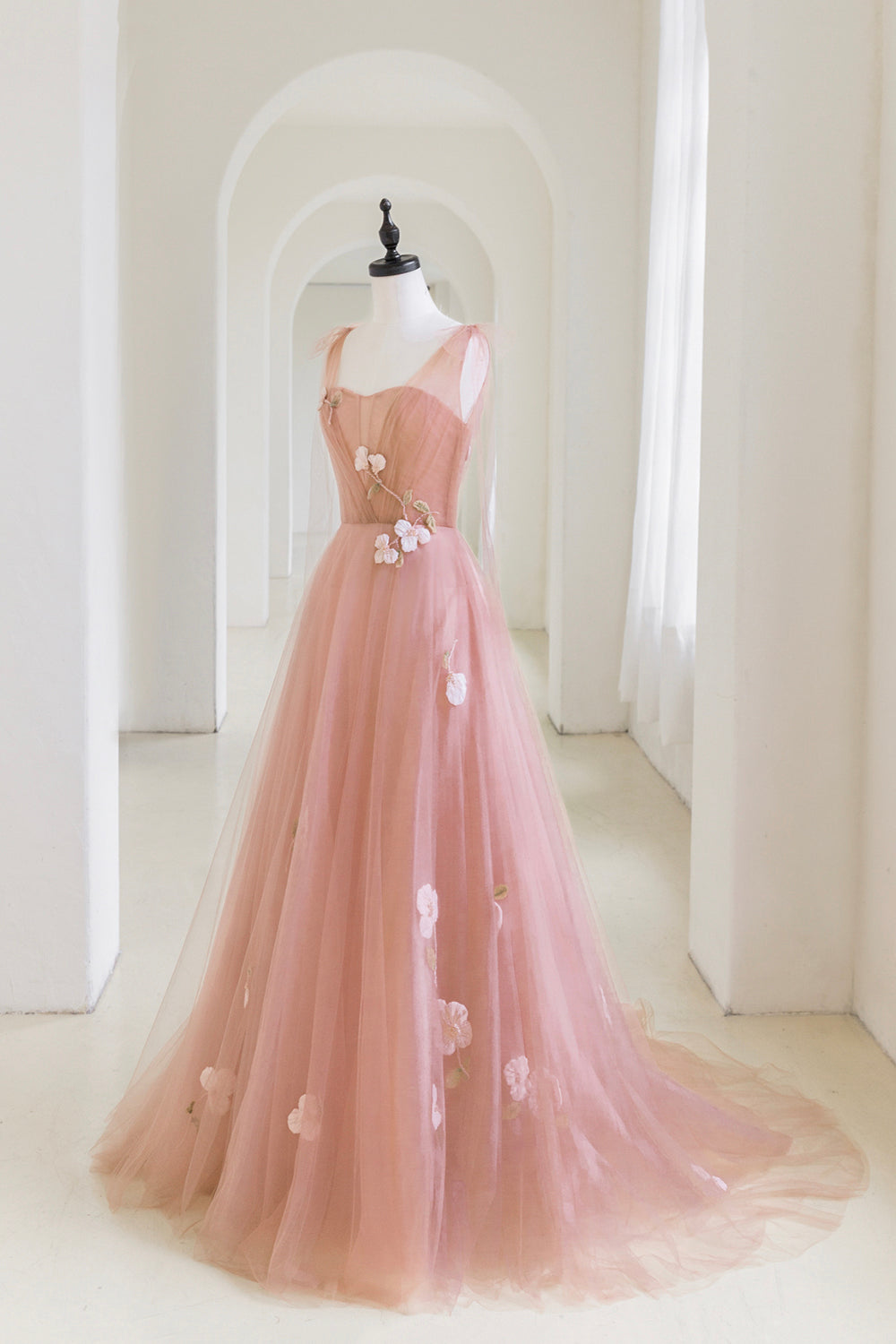 Pink Tulle Long A-Line Prom Dress Outfits For Girls, Lovely Pink Evening Graduation Dress