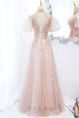 Pink Tulle Long A-Line Prom Dress Outfits For Girls, Pink Short Sleeve Evening Party Dress
