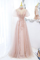 Pink Tulle Long A-Line Prom Dress Outfits For Girls, Pink Short Sleeve Evening Party Dress