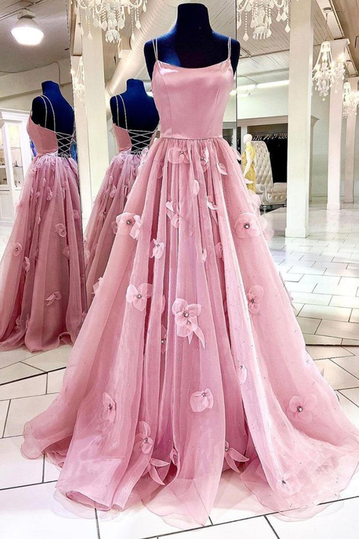 Pink Tulle Long A-Line Prom Dress Outfits For Girls, Pink Spaghetti Strap Backless Evening Dress