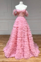 Pink Tulle Long A-Line Prom Dress Outfits For Girls, Pink Sweetheart Neckline Evening Gown