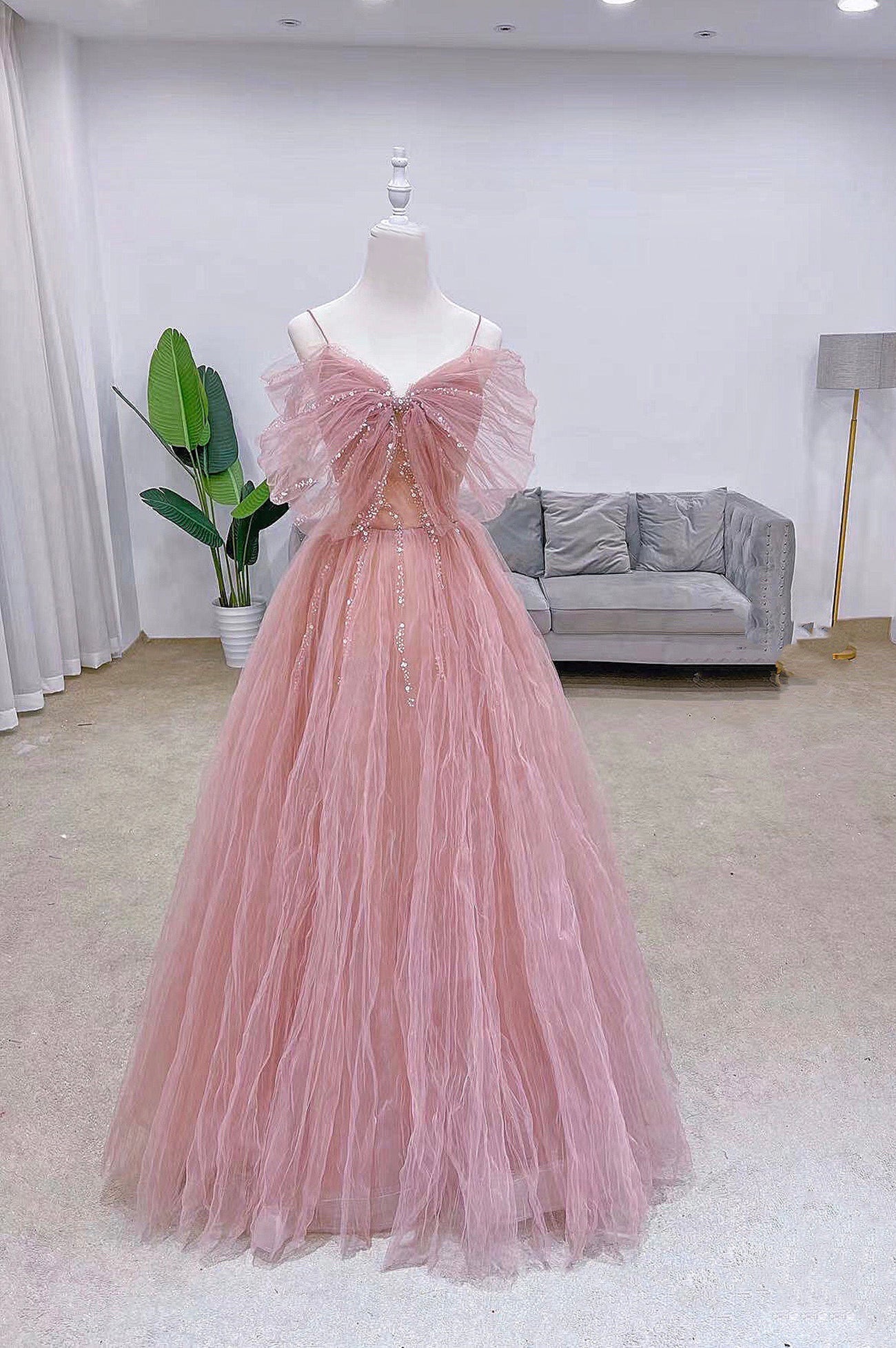 Pink Tulle Long A-Line Prom Dress Outfits For Women with Bow, Pink Evening Graduation Dress
