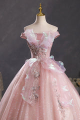 Pink Tulle Long A-Line Prom Dress Outfits For Women with Lace, Off Shoulder Sweet 16 Dress