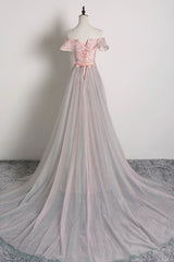 Pink Tulle Long A-Line Prom Dress Outfits For Women with Train, Off the Shoulder Formal Evening Dress