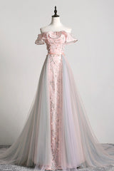 Pink Tulle Long A-Line Prom Dress Outfits For Women with Train, Off the Shoulder Formal Evening Dress