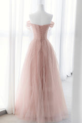 Pink Tulle Long A-Line Prom Dresses For Black girls For Women, Pink Evening Dresses For Black girls with Bow