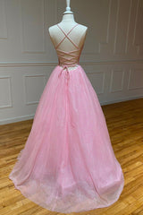 Pink Tulle Long Backless Prom Dress Outfits For Girls, A-Line V Neck Party Dress