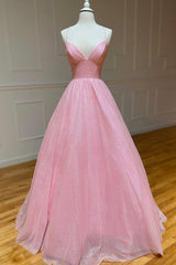 Pink Tulle Long Backless Prom Dress Outfits For Girls, A-Line V Neck Party Dress