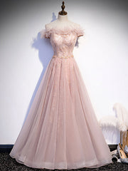 Pink Tulle Long Prom Dress Outfits For Girls, A line Pink Formal Graduation Dresses