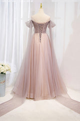 Pink Tulle Off the Shoulder Prom Dress Outfits For Women with Beaded, A-Line Formal Evening Dress