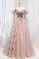 Pink Tulle Off the Shoulder Prom Dress Outfits For Women with Beaded, A-Line Formal Evening Dress