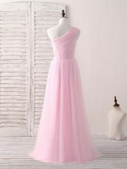 Pink Tulle One Shoulder Long Prom Dress Outfits For Women Pink Bridesmaid Dress