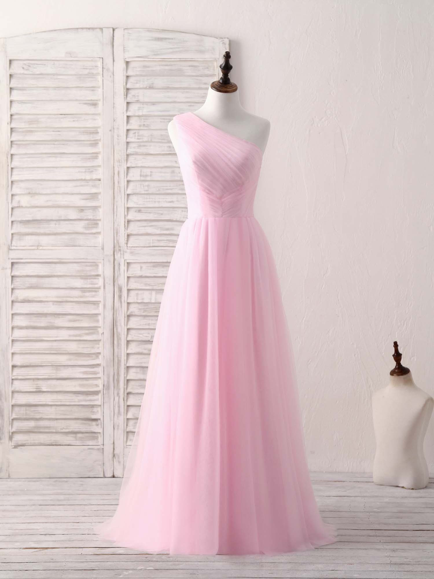 Pink Tulle One Shoulder Long Prom Dress Outfits For Women Pink Bridesmaid Dress