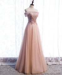 Pink Tulle Sequin Beads Long Prom Dress Outfits For Girls, Pink Tulle Formal Dresses