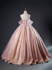 Pink Tulle Sequins Long Prom Dress Outfits For Girls, Pink Tulle Long Formal Evening Gowns