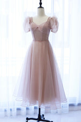 Pink Tulle Short Prom Dress Outfits For Girls, Cute Short Sleeve Party Dress