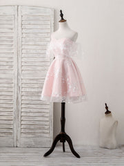 Pink Tulle Sweetheart Lace Short Prom Dress Outfits For Girls, Pink Homecoming Dress