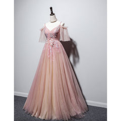 Pink Tulle V-neckline Floral Long Prom Dress Outfits For Girls, Pink Straps Party Dress