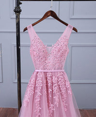 Pink V Neck Lace Tulle Long Prom Dress Outfits For Girls, Lace Evening Dresses