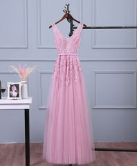 Pink V Neck Lace Tulle Long Prom Dress Outfits For Girls, Lace Evening Dresses