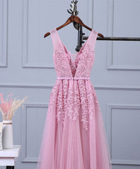 Pink V Neck Lace Tulle Long Prom Dress Outfits For Girls, Lace Evening Dresses