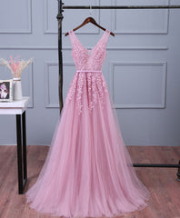 Pink V Neck Lace Tulle Long Prom Dress Outfits For Girls, Lace Evening Dresses