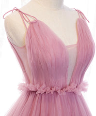 Pink V Neck Long Prom Dress Outfits For Girls, Aline Pink Formal Evening Dresses