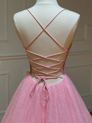 Pink V Neck Long Prom Dress Outfits For Girls, Pink A-line Sequin Tulle Evening Dress