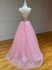 Pink V Neck Long Prom Dress Outfits For Girls, Pink A-line Sequin Tulle Evening Dress
