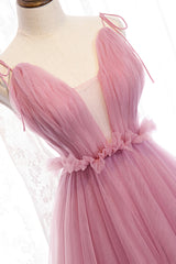Pink V-Neck Tulle Long Prom Dress Outfits For Girls, A-Line Formal Evening Dress