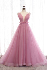 Pink V-Neck Tulle Long Prom Dress Outfits For Girls, A-Line Formal Evening Dress