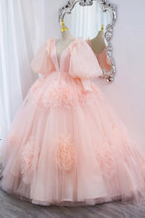 Pink V-Neck Tulle Long Prom Dress Outfits For Girls, A-Line Puff Sleeve Princess Dress