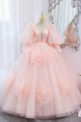 Pink V-Neck Tulle Long Prom Dress Outfits For Girls, A-Line Puff Sleeve Princess Dress