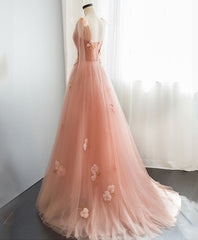 Pink V Neck Tulle Long Prom Dress Outfits For Girls, Tulle Pink Evening Dress